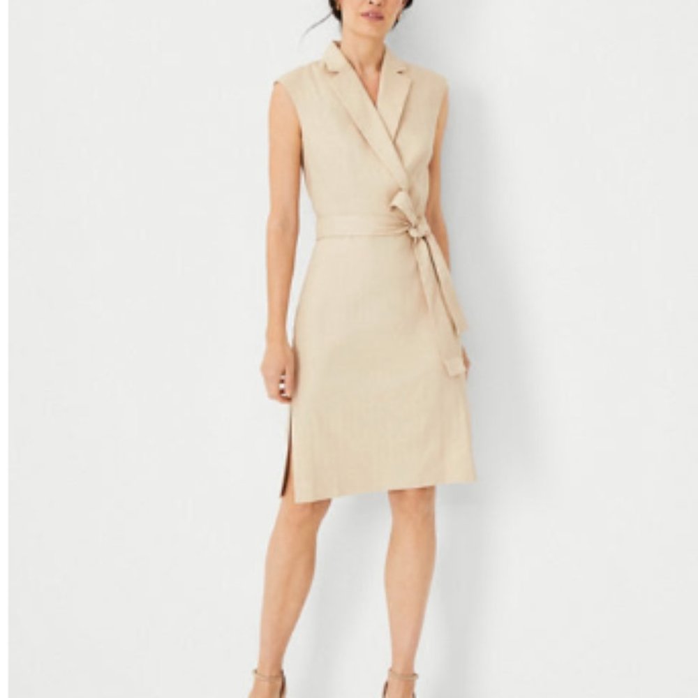NEVER WORN! The Notched Collar Tie Waist Dress In Herringbone Linen Blend
